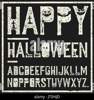 Happy Halloween alphabet décoratif. Grunge stamp lettres avec éléments effrayant (chauves-souris, des tombes, les citrouilles). Vector font modèle. Illustration de Vecteur