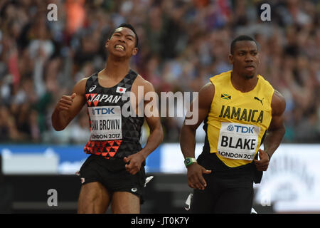 Abdul Hakim SANI BROWN, Japon, Yohan Blake, la Jamaïque, et Alex Wilson, Suisse pendant 100 mètres du stade de demi-finale à Londres à Londres le 5 août 2017 au 2017 es Championnats du monde d'athlétisme. Banque D'Images