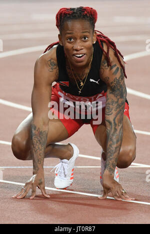 Londres, Royaume-Uni. 6e août, 2017. Michelle-Lee Ahye de Trinité-et-Tobago réagit après le 100 mètres à la finale es Championnats du monde d'athlétisme au Stade olympique à Londres, Royaume-Uni, le 6 août 2017. Photo : Bernd Thissen/dpa/Alamy Live News Banque D'Images