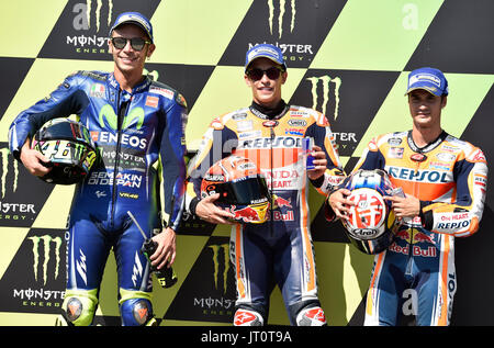 Brno, République tchèque. Le 05 août, 2017. Coureurs sur route moto L-R Valentino Rossi, Marc Márquez et Dani Pedrosa sont vus pendant le Grand Prix de la République tchèque 2017 sur le circuit de Brno en République tchèque, le 5 août 2017. Photo : CTK Vaclav Salek/Photo/Alamy Live News Banque D'Images