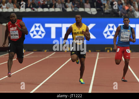 Londres, Royaume-Uni. 7e août, 2017. Yohan BLAKE, Jamaïque, Alex Wilson, Suisse, Bernardo BALOYES, Colombie, pendant 200 mètres chauffe à Londres le 7 août 2017 au 2017 es Championnats du monde d'athlétisme. Credit : Ulrik Pedersen/Alamy Live News Banque D'Images