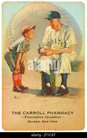 Artwork par Bill Medcalf baseball Honus Wagner de grande utilisé comme de la publicité sur le dos de cartes à jouer : ca 1953. Les cartes ont été imprimées par Brown & B Banque D'Images