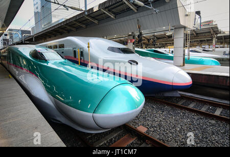Tokyo, Japon - Jan 2, 2016. Les trains Shinkansen sur la piste à Tokyo, Japon. Le Shinkansen est un réseau de lignes ferroviaires à grande vitesse au Japon exploité Banque D'Images