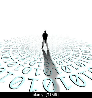 Image conceptuelle de l'homme qui se profile sur la matrice du code binaire Banque D'Images