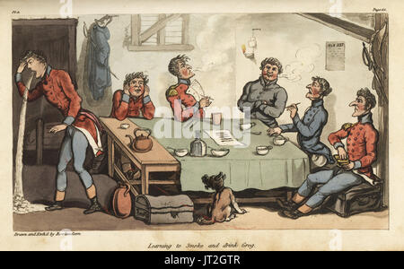 Ensign Johnny Newcome apprendre à fumer des cigares et boire du grog avec d'autres agents. Trop de fumeurs et des vomissements à la table. Coloriée à la gravure sur cuivre gravé et dessiné par Thomas ROWLANDSON du Colonel David Roberts' les aventures militaires de Johnny Newcome, Martin, Londres, 1815. Banque D'Images