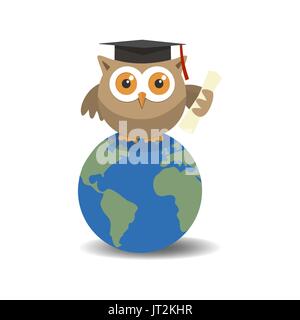 Diplômé Owl sur globe avec de l'ombre sur fond blanc Illustration de Vecteur