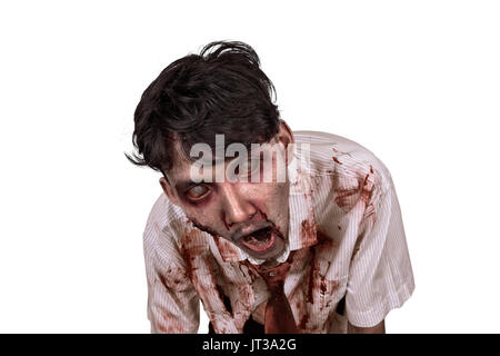 Close-up of asian horrible zombie man isolated over white background Banque D'Images