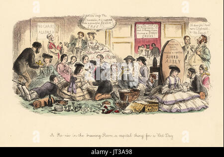 Pique-nique dans le salon, une chose capitale pour un jour pluvieux, 1859. Imprimer satirique montrant les Victoriens se prélasser sur le tapis avec des paniers pique-nique Fortnum and Mason. Gravure coloriée par John Leech de folies de l'année, de Punch's Pocket Books, Bradbury, Londres, 1864. Banque D'Images