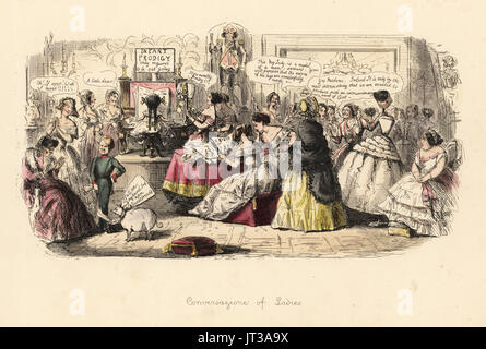 Conversavione de dames, 1848. Imprimer satirique de femmes dans un salon de la mode, les enfants, l'examen et l'homme les chiens domestiques. Gravure coloriée par John Leech de folies de l'année, de Punch's Pocket Books, Bradbury, Londres, 1864. Banque D'Images