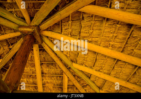 Toit en bois intérieur, couleurs chaleureuses, bâtiment, structure organique vintage low angle view Banque D'Images