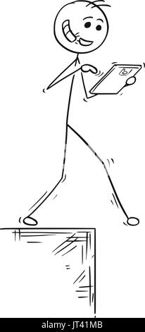 Cartoon vector illustration de stick man walking avec mains libres mains libres et tablette et tomber vers le bas Illustration de Vecteur