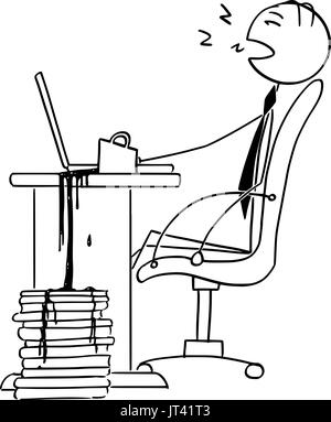 Cartoon vector illustration de fatigué stick man businessman office worker, manager de dormir dans la chaise sur le bureau devant l'ordinateur avec cu Illustration de Vecteur