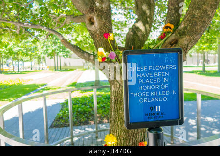 NEW YORK, USA - Mai 05, 2017 : Fleurs dans memorial museum près de One World Trade Center, vue depuis le niveau de la rue situé dans la ville de New York Usa Banque D'Images