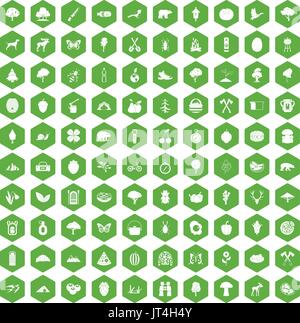 100 icônes et de la nature camping vert hexagonal Illustration de Vecteur