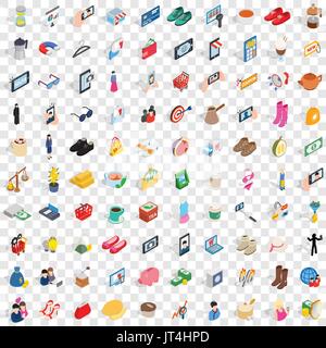 100 femme icons set, style 3D isométrique Illustration de Vecteur