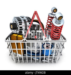 De nombreuses pièces d'auto en panier. 3d illustration Banque D'Images