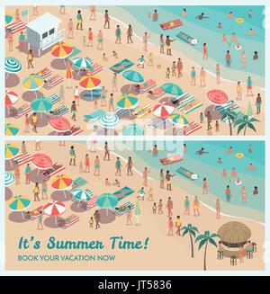 Monde tropical beach resort banner set avec les gens, de parasols et de chaises longues, les vacances et voyage concept, vue aérienne Illustration de Vecteur