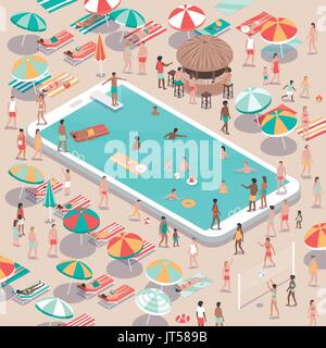 Les gens de détente à la beach resort et la natation dans la piscine d'un smartphone, les vacances et technologie concept, vue aérienne Illustration de Vecteur
