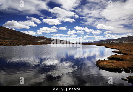 Grand lac dans la prairie jaune avec la réflexion de nuages blancs du ciel bleu au niveau national Yading, Daocheng, province du Sichuan, Yunnan Banque D'Images