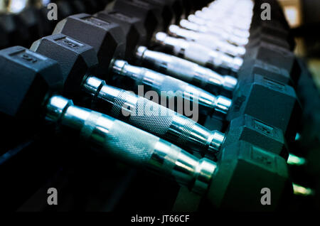 En acier et en caoutchouc lourd poids d'haltère à gym, montrant une saine vie de forme physique. Utiliser pour le levage de poids au cours de l'exercice athlétique. Banque D'Images