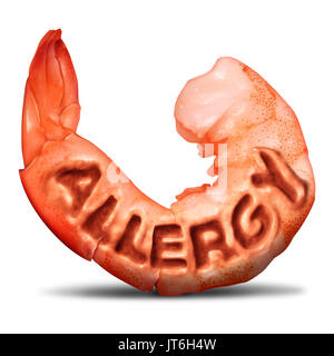 Crevettes et coquillages et le concept de la santé de l'allergie allergique au symbole de crustacés avec texte en relief en les aliments sur un fond blanc. Banque D'Images