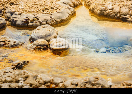 Le sol de couleur bleu, de l'eau des sources chaudes, des geysers. dépôts minéraux. alien planet à sol. Le parc national de Yellowstone aux États-Unis. Banque D'Images