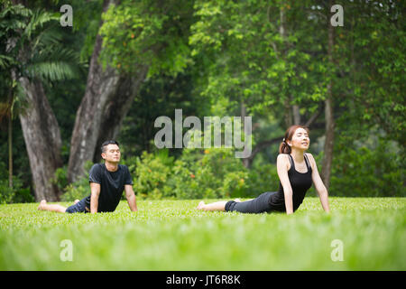 L'homme et de la femme asiatique faisant le Tai Chi dans un jardin. Style de vie sain et de détente concept. Banque D'Images