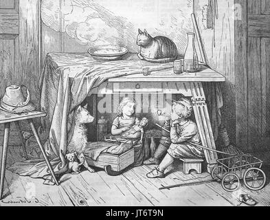 Garçon fume en secret un tuyau sous la table. Enfants jouant à la poupée de la famille et les animaux, l'amélioration numérique reproduction d'une image publié entre 1880 - 1885 Banque D'Images