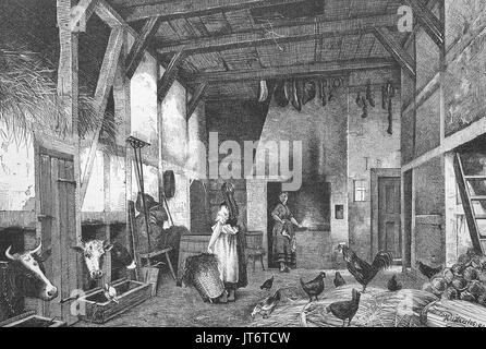 Old-Saxon d'habitation et ferme dans l'affaire Altmark en Allemagne, les gens et les animaux qui vivent ensemble, l'amélioration numérique reproduction d'une image publié entre 1880 - 1885 Banque D'Images