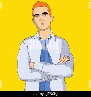 Homme d'affaires - Pop Art style bande dessinée, caricature homme en chemise et cravate à bras croisés Illustration de Vecteur