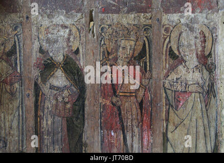 Jubé médiéval, peintures de l'église St Andrew, Westhall, Suffolk, Angleterre, RU Banque D'Images