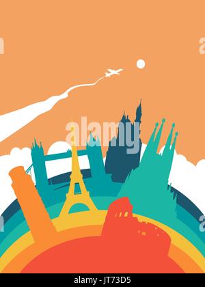 Billet d'Europe illustration paysage, European world landmarks. Comprend la tour Eiffel, le pont de Londres, Rome colisée. Vecteur EPS10. Illustration de Vecteur