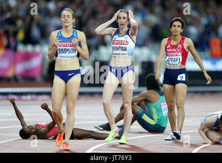 Grande-bretagne Laura Weightman après la finale du 1 500 m femmes pendant quatre jours des Championnats du monde IAAF 2017 à la London Stadium. ASSOCIATION DE PRESSE Photo. Photo date : lundi 7 août 2017. Voir l'histoire du monde d'ATHLÉTISME PA. Crédit photo doit se lire : Martin Rickett/PA Wire. RESTRICTIONS : un usage éditorial uniquement. Pas de transmission de sons ou d'images en mouvement et pas de simulation vidéo. Banque D'Images