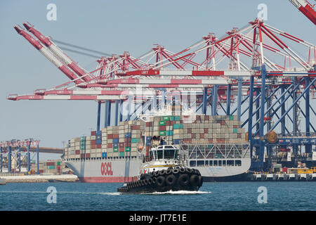 Remorqueur Tracteur Maritime du millénaire, TIM QUIGG, passe le porte-conteneurs, OOCL TAIPAI, déchargement dans le terminal à conteneurs de Long Beach, Californie, USA. Banque D'Images