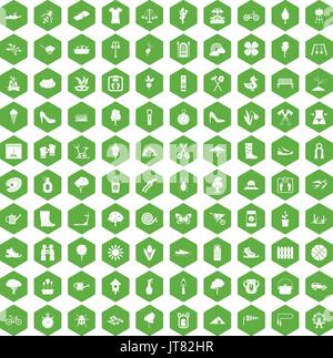 100 icônes printemps vert hexagonal Illustration de Vecteur