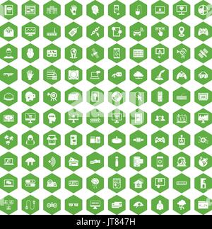 100 icônes virtuels vert hexagonal Illustration de Vecteur