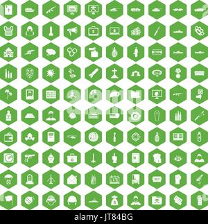 100 icônes de guerre vert hexagonal Illustration de Vecteur