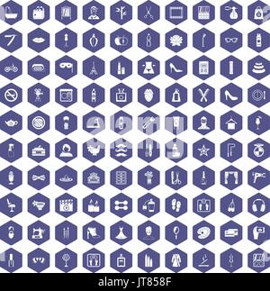 100 icônes de beauté et un miroir mauve hexagonale Illustration de Vecteur