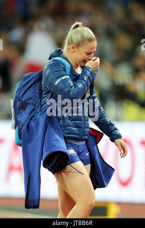 Londres, Royaume-Uni. 07-Août-17. Sophie émotionnel HITCHON après avoir terminé 7e au lancer du marteau au Championnats du monde IAAF 2017, Queen Elizabeth Olympic Park, Stratford, London, UK. Crédit : Simon Balson/Alamy Live News Banque D'Images