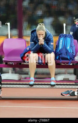 Londres, Royaume-Uni. 07-Août-17. Sophie émotionnel HITCHON après avoir terminé 7e au lancer du marteau au Championnats du monde IAAF 2017, Queen Elizabeth Olympic Park, Stratford, London, UK. Crédit : Simon Balson/Alamy Live News Banque D'Images