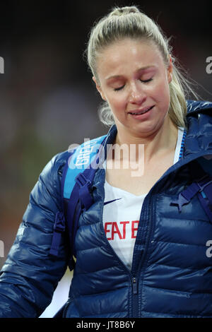 Londres, Royaume-Uni. 07-Août-17. Sophie émotionnel HITCHON après avoir terminé 7e au lancer du marteau au Championnats du monde IAAF 2017, Queen Elizabeth Olympic Park, Stratford, London, UK. Crédit : Simon Balson/Alamy Live News Banque D'Images