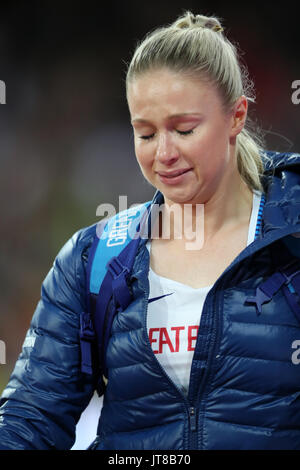 Londres, Royaume-Uni. 07-Août-17. Sophie émotionnel HITCHON après avoir terminé 7e au lancer du marteau au Championnats du monde IAAF 2017, Queen Elizabeth Olympic Park, Stratford, London, UK. Crédit : Simon Balson/Alamy Live News Banque D'Images