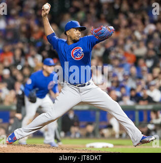 San Francisco, Californie, USA. 07Th Aug, 2017. 07 août 2017 : Chicago Cubs lanceur droitier Pedro Strop (46) prestation dans la septième manche, lors d'un match entre la MLB Cubs de Chicago et les Giants de San Francisco à AT&T Park à San Francisco, Californie. Valerie/Shoaps Crédit CSM : Cal Sport Media/Alamy Live News Banque D'Images