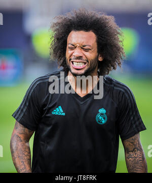 Skopje, Macédoine. 7 août 2017, Philip II Arena, Skopje, Macédoine ; 2017 Super Super Coupe de l'UEFA ; Real Madrid contre Manchester United ; Pre Match Conférence de presse et une session de formation ; Marcelo défenseur du Real Madrid réagit au cours de la formation avant le match jour Crédit : Nikola Krstic/Alamy Live News Banque D'Images