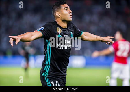 Skopje, Macédoine. Le 08 août, 2017. Le 8 août 2017, Philip II Arena, Skopje, Macédoine ; 2017 Super Coupe de l'UEFA ; Real Madrid contre Manchester United, le milieu de terrain du Real Madrid Casemiro célébrer l'objectif lors de la Super Cup Crédit : Nikola Krstic/Alamy Live News Banque D'Images