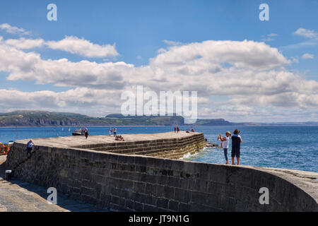 1 Juillet 2017 : Lyme Regis, Dorset, England, UK - les visiteurs à flâner sur le Cobb sur une belle journée ensoleillée. Banque D'Images