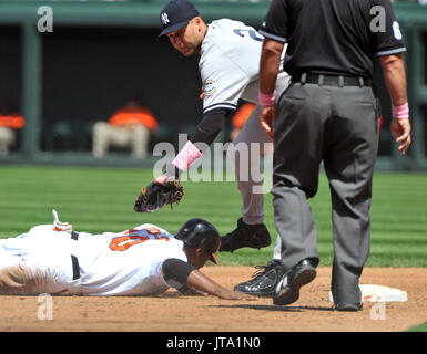 Baltimore, MD - 10 mai 2009 -- l'Oriole de Baltimore champ centre Adam Jones (10) est étiqueté par l'arrêt-court des Yankees de New York Derek Jeter (2) après Nick Markakis (non représenté) marcha dans la troisième manche contre les Orioles de Baltimore à l'Oriole Park at Camden Yards de Baltimore, MD, le dimanche, 10 mai 2009..Credit : Ron Sachs/MediaPunch / CNP. (restriction : NO New York ou le New Jersey Journaux ou journaux dans un rayon de 75 km de la ville de New York) Banque D'Images