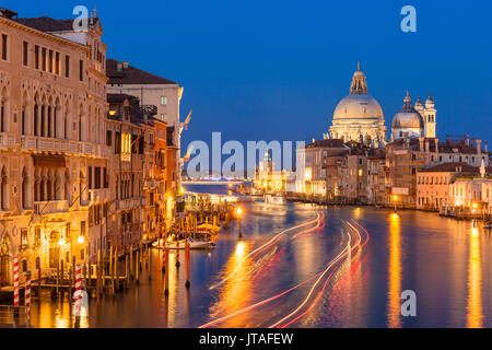 Grand Canal, et l'église de Santa Maria della Salute, la nuit, avec des sentiers de lumière de bateau, Venise, UNESCO, Vénétie, Italie, Europe Banque D'Images