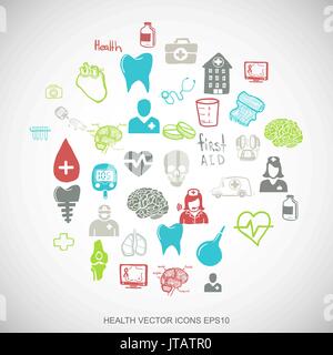 Multicolor doodles Hand Drawn Medicine Icons set sur blanc. EPS10 vector illustration. Illustration de Vecteur