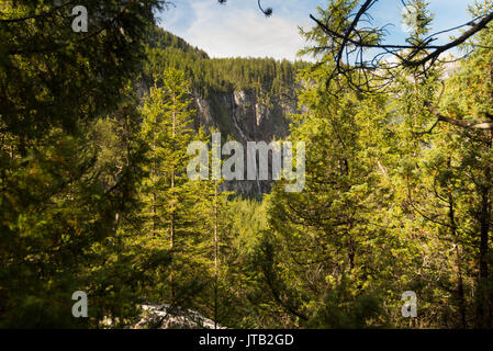 Vue de la cascade de la part d'un rocher dans les Alpes Suisses Banque D'Images